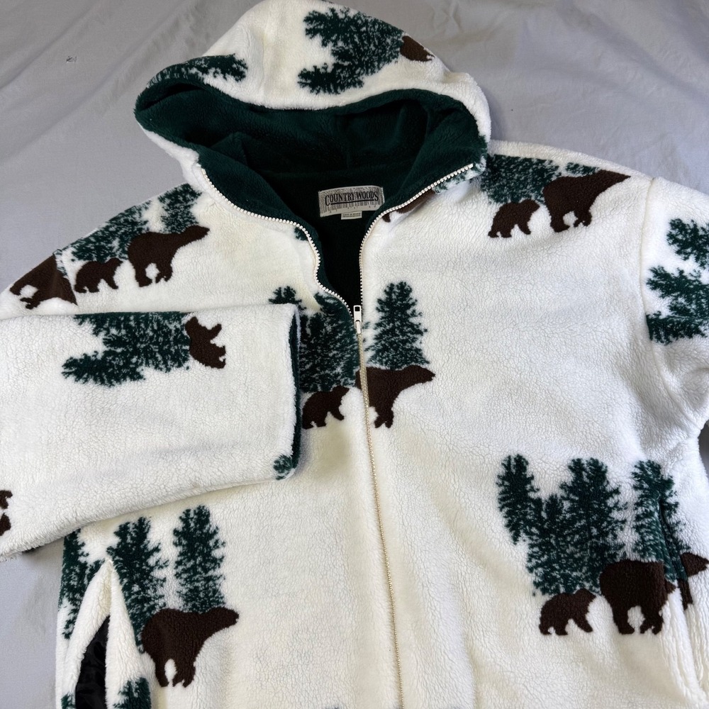 Vintage Country Woods Bear Fleece Hoodie Jacket Sherpa Forest Women's Medium